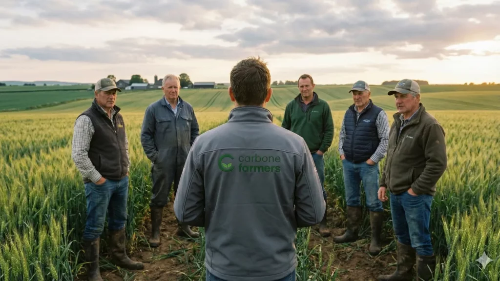 Équipe d’agriculteurs et d’un agronome Carbone Farmers réunis sur le terrain