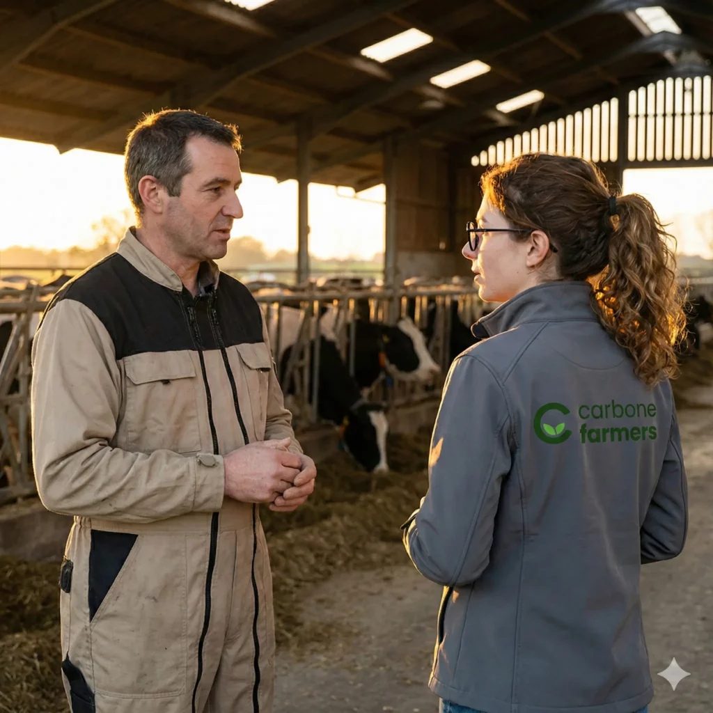 Agriculteur et agronome échangeant sur le terrain pour accompagner la transition agricole