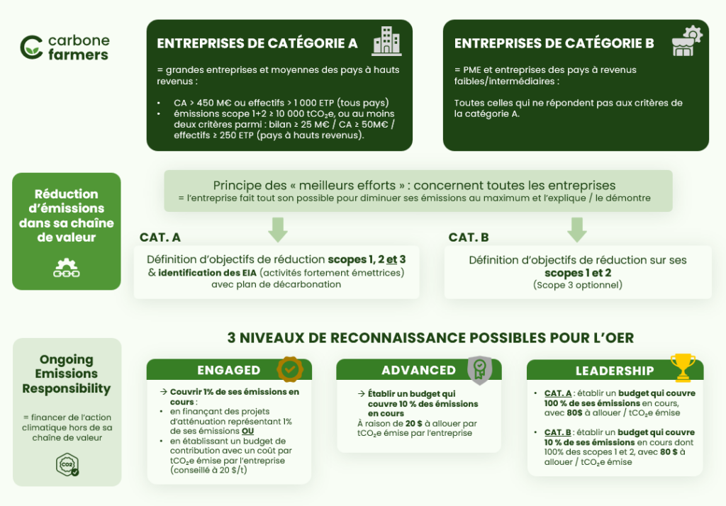 Infographie qui résume tout l'article suivant : catégories d'entreprise vues par le SBTi, et deux cas de figure (réductions d'émissions dans sa chaîne de valeur & OER)